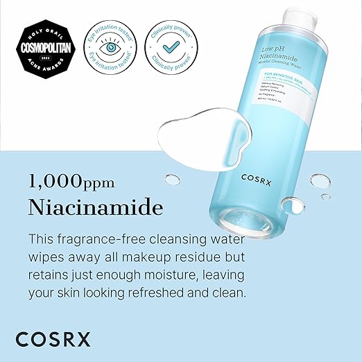 COSRX Low pH Niacinamide Micellar Cleansing Water 13.52fl.oz/400ml, Daily Mild Facial Cleansing Wash for Sensitive Skin, Sebum Control, Paraben Free, Korean Skincare